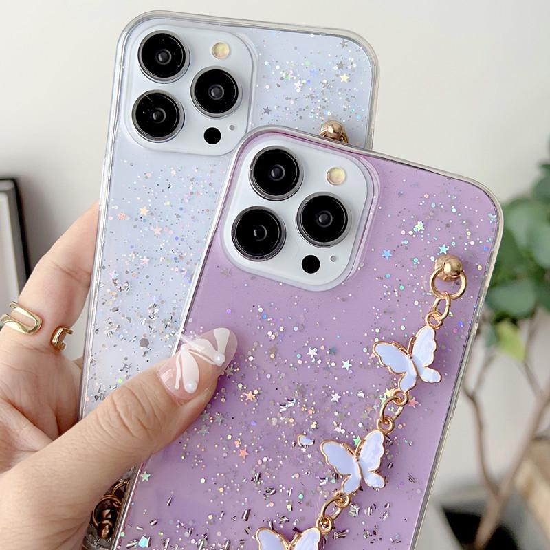 Compatible iPhone 16 Pro Max Transparent Resin Glitter Phone Case with Bowknot and Bracelet