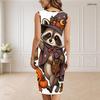 Women Plus Size V Neck Sleeveless Halloween Raccoon Print Bodycon Midi Dress