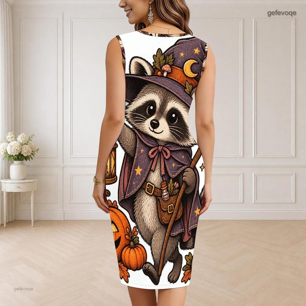 Women Plus Size V Neck Sleeveless Halloween Raccoon Print Bodycon Midi Dress