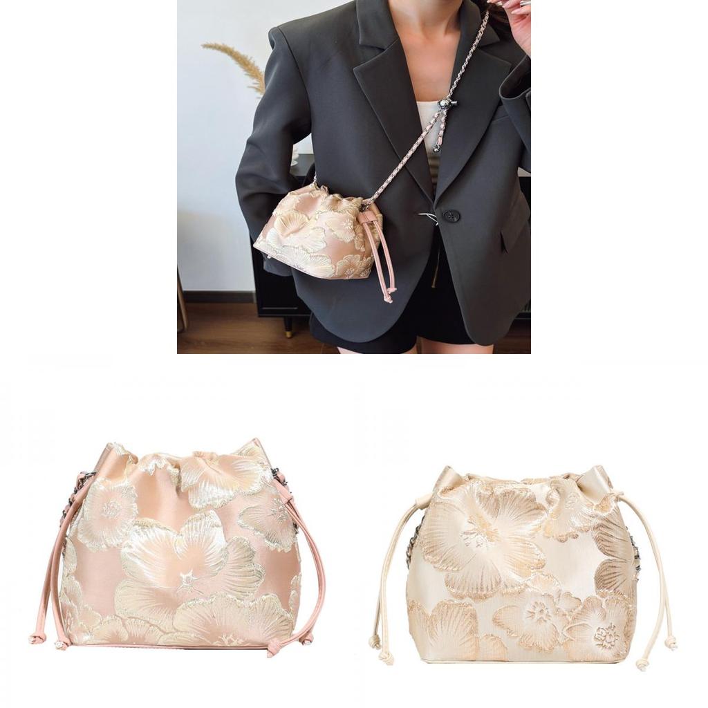 Style Embroidered Bucket Bag With Silk Material For Casual Travel And Daily Use