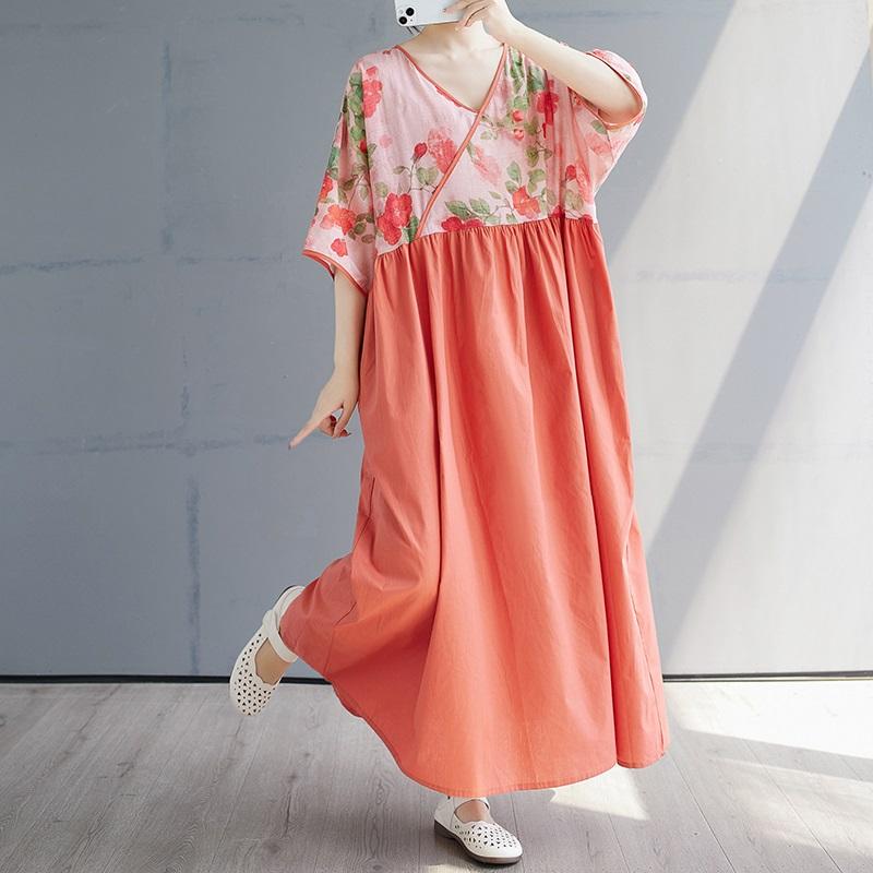 Kurzarm Plus Size Baumwolle Vintage Blumenmuster Neu in Kleidern für Damen lässig locker langes Sommerkleid