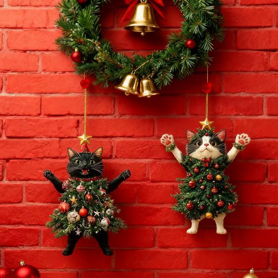 Weihnachtskatze im Weihnachtsbaum Acryl Hängeornament 2D Flach Auto Rückspiegel Anhänger Weihnachtsgeschenke für Katzenliebhaber