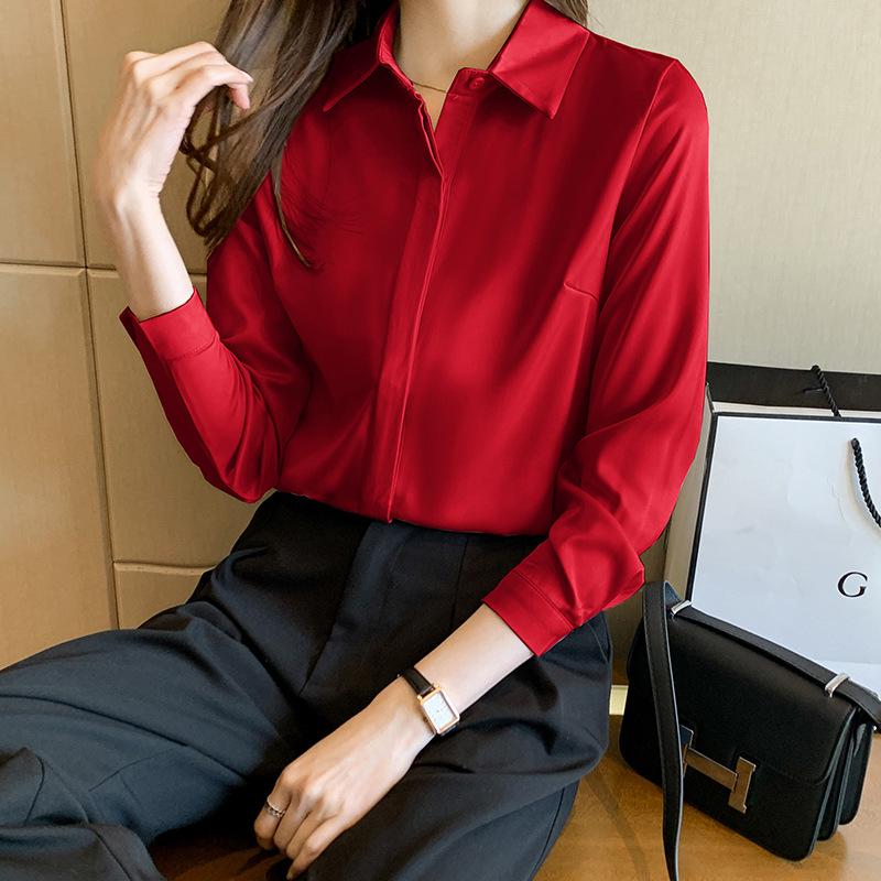 Women's Ash Blue Satin Long Sleeve Shirt - Retro Hong Kong Style, Spring Commute, Concealed Placket, Versatile Drapey Blouse