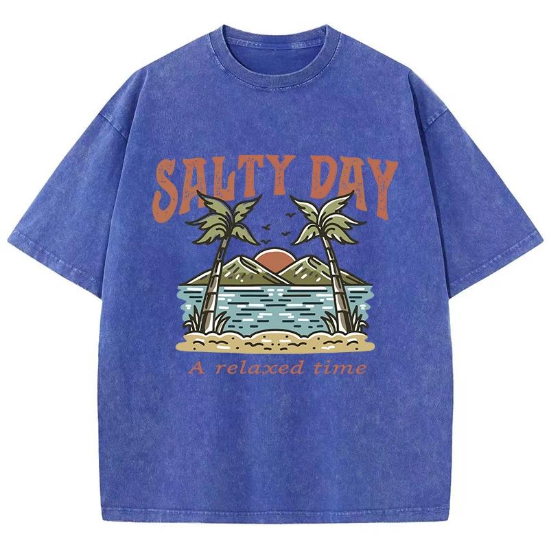 Coconut Tree Beach Printed Washed T-Shirts Cotton Tops Comfortable Distressed O-Neck T Shirts Summer Casual Man Clothes