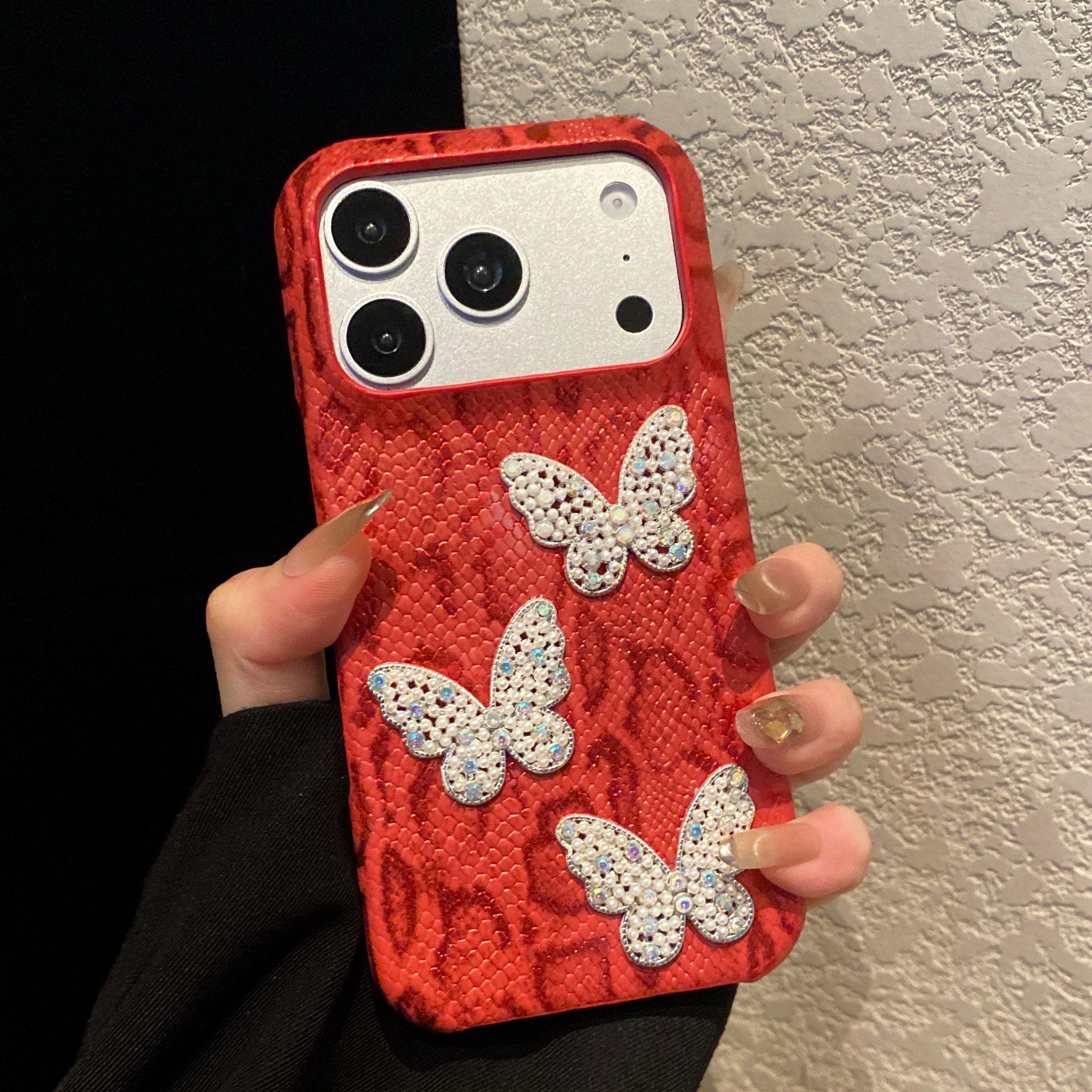 

Snake Skin Pearl Butterfly Case for Apple 17 Pro Max/16/15 Pro/14/13/12 iPhone 13