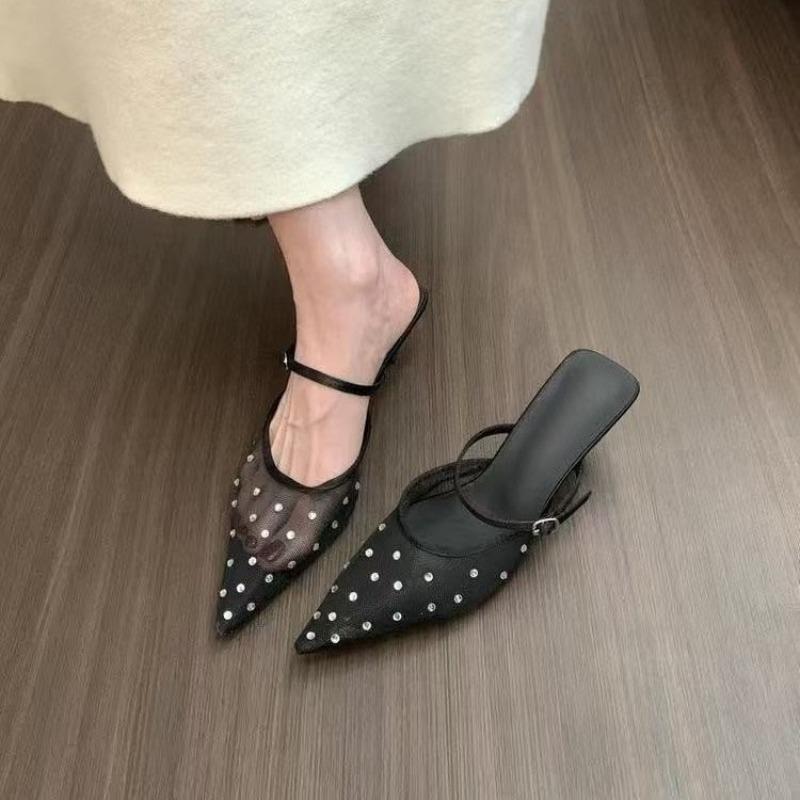 

French Temperament Rhinestone Baotou Half Slippers Women s Outer Wear Spring and Summer Mesh Breathable High Heel Cool Mop 40 чорний