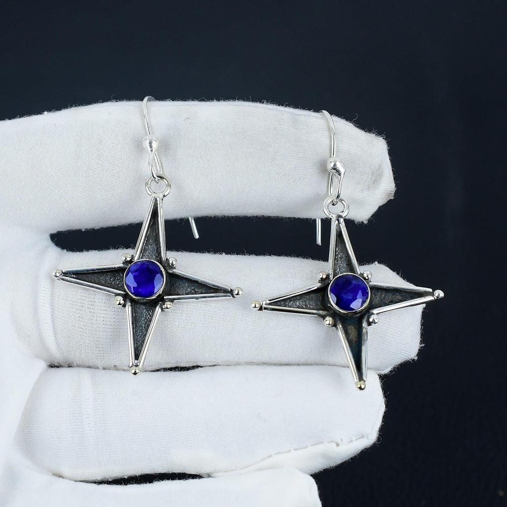 Erstaunliche Ohrringe mit blauem Saphir-Edelstein in Sternform, 925er Sterlingsilber-Ohrring, handgefertigter Boho-Silberschmuck, Hängeohrringe, Geburtstagsgeschenk