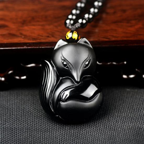 Obsidian Carving Fox Amulet Pendant Bead Chain Necklace Unisex Jewelry Gift