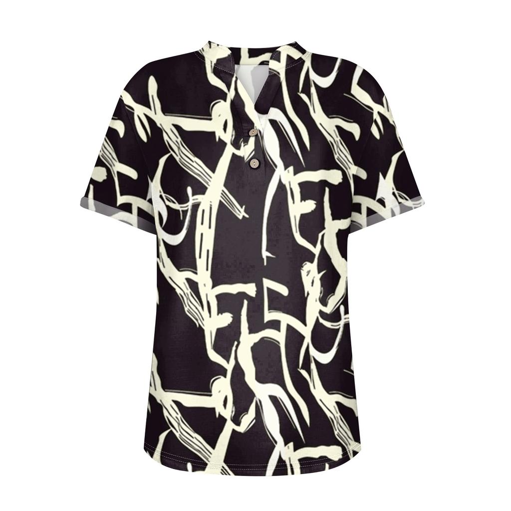 Ladies Casual Fashion V-Neck Button Floral Print Short Sleeve Top