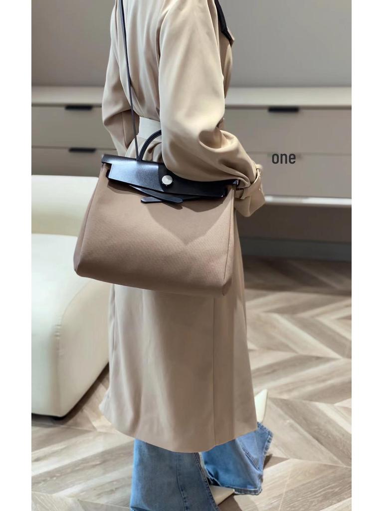 Color Block Kelly Bag: Handmade Waxed Thread, Genuine Leather, Stitched Cowhide Canvas, Shoulder & Crossbody Handbag.