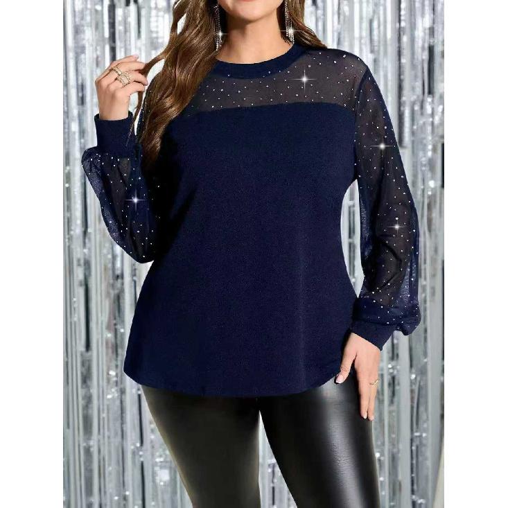 2026 New Women's Spring and Autumn Fashionable Elegant Rhinestone Mesh Patchwork Long Sleeve Top