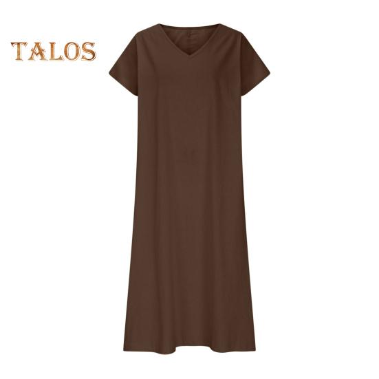 Damekjole i bomull og lin, avslappet, kortermet, v-hals, lang kjole, sommer, strand, ferie, swing, sommerkjole