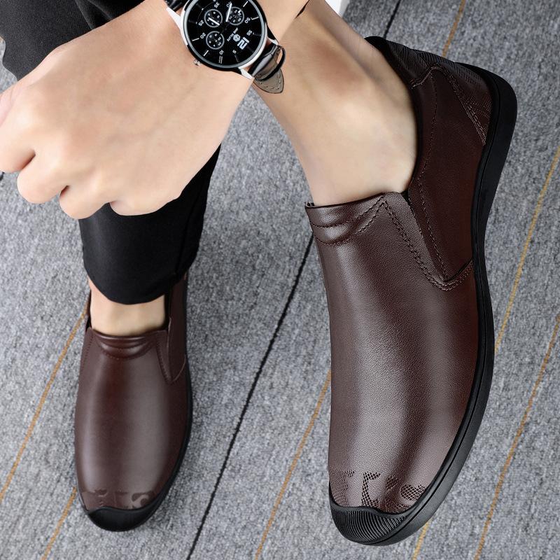 Men's Shoes Four Seasons Men's Casual Leather Shoes First Layer Cowhide Soft Sole One Pedal Lazy Doudou Casual Grandpa Shoes