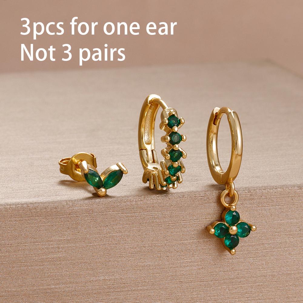 3PCS 12 Styles Green Cubic Zirconia Flower Pendant Earring Set For Women Stainless Steel Round U-Shape Hoop Earring Jewelry