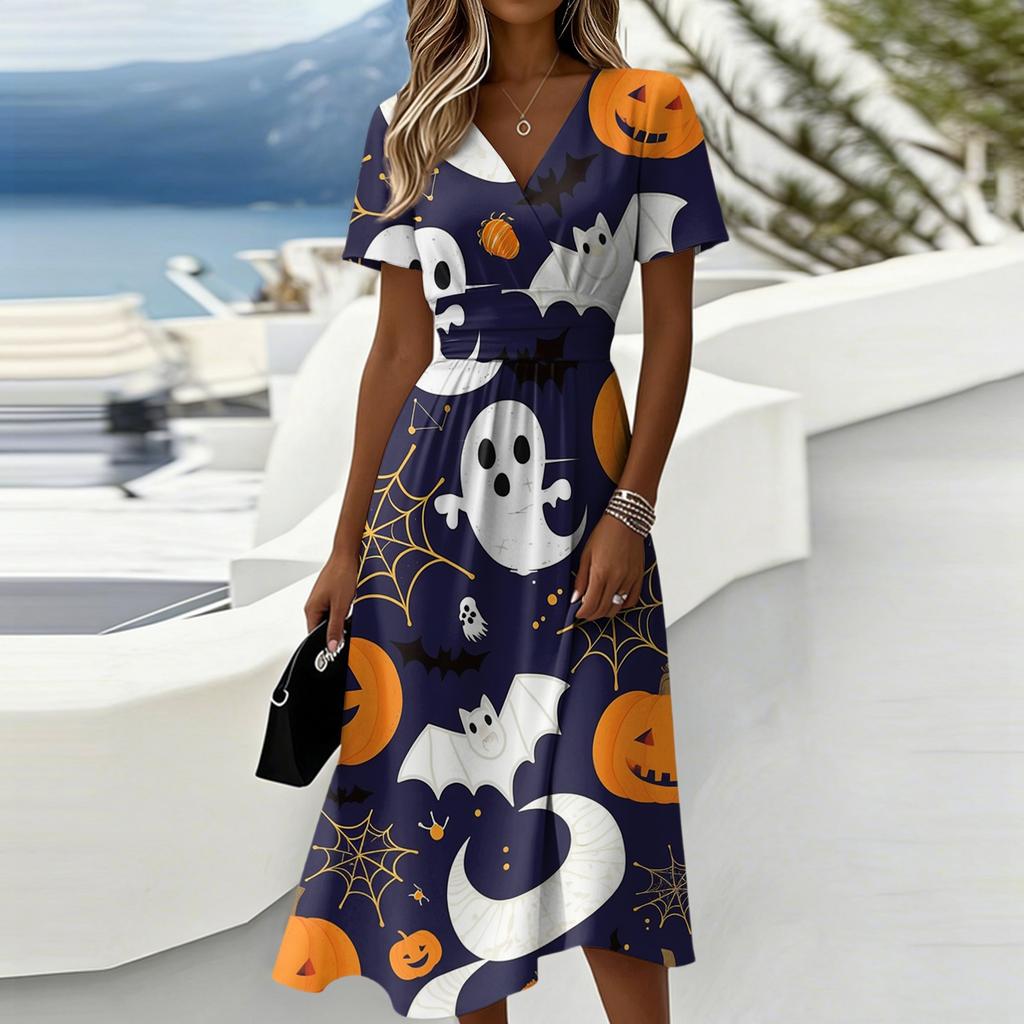 Women Halloween Printed Casual V Neck Short Sleeve Midi Dress with Patchwork Leaf and Pumpkin Pattern for Holiday Party