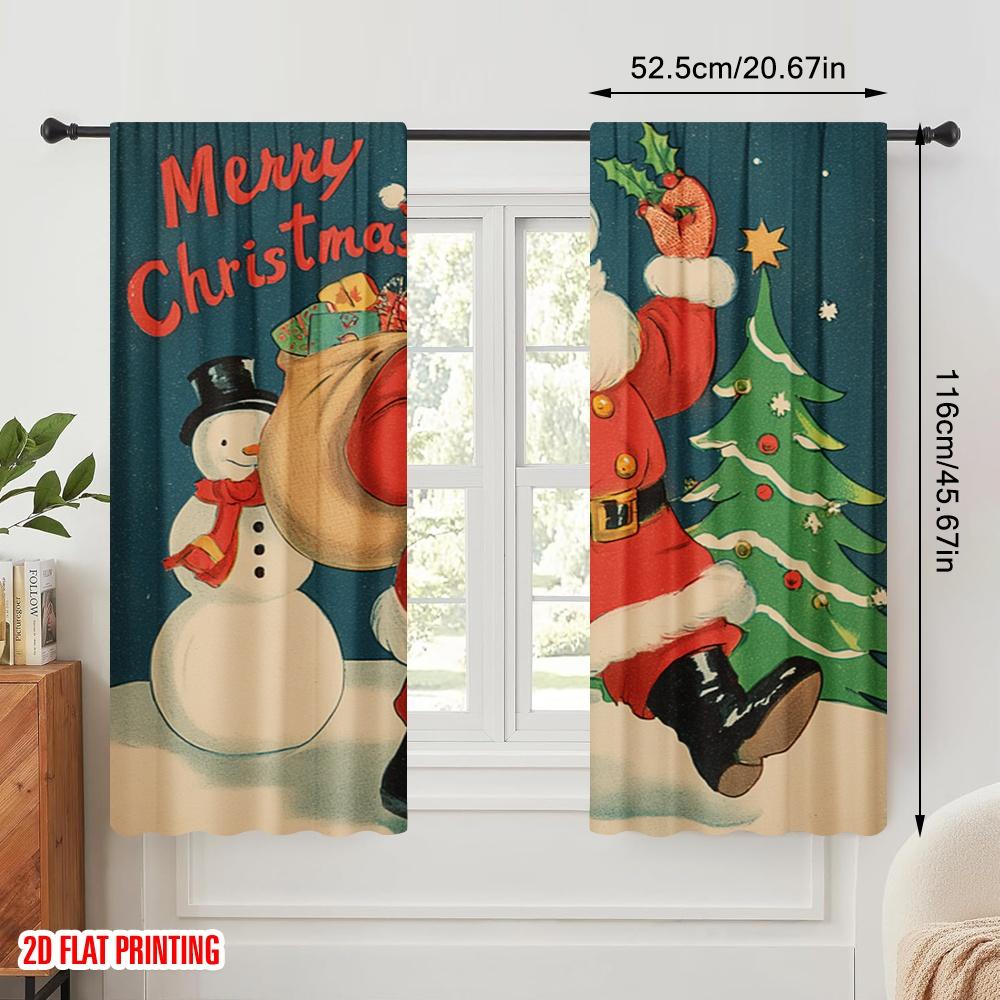 2pcs,2D Plane Printing Curtain Popular Vintage Santa Claus with Snowman & Tree Versatile 100% Polyester (without Rod)