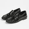 Fashion Black Patent Leather Chunky Heel Loafers Fashion Pleated Fringe Sewing Designer Shoes Comfortable Soft Leather Zapatos De Mujer