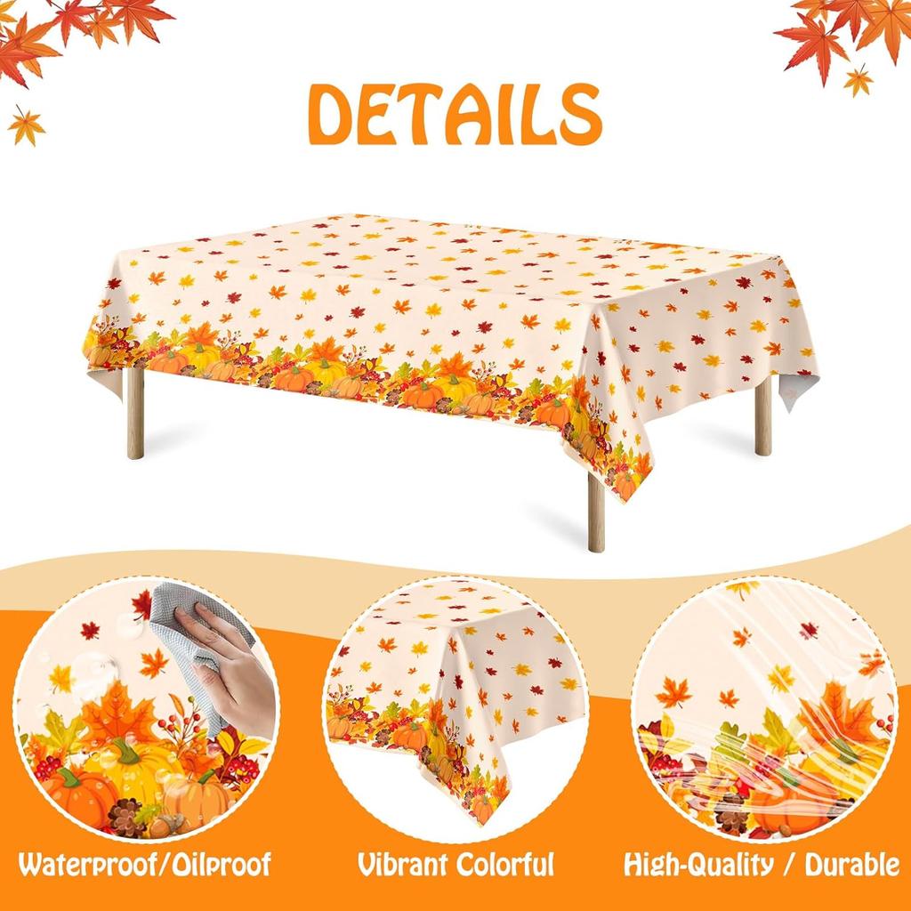 Thanksgiving Tablecloth Plastic Disposable - Fall Rectangular Paper Tables Cloth Cover for Rectangle Oblong Long Table Pumpkin Maple Leaf Decor
