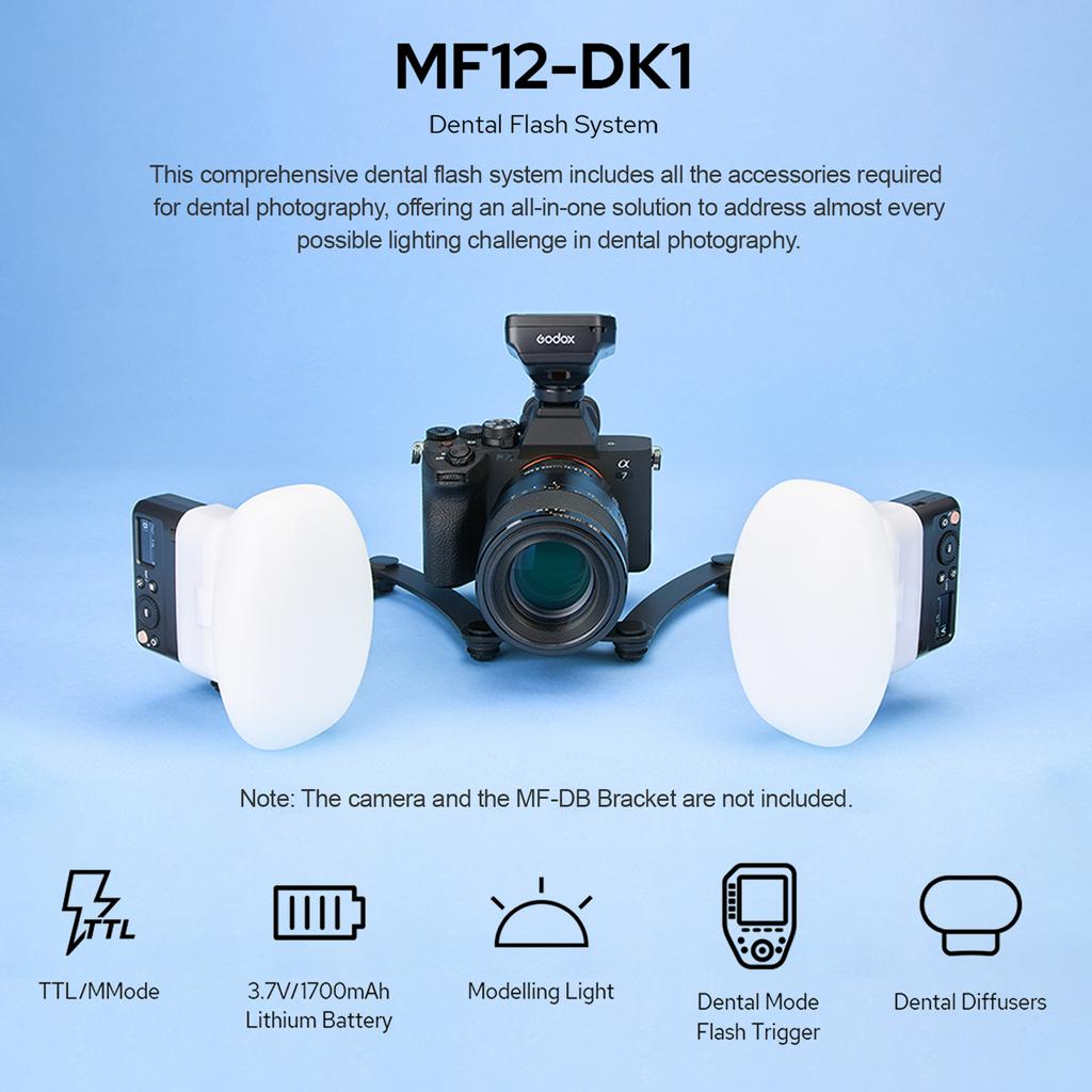 Kit bliț macro GODOX MF12-DK1, care include 2 x MF12 lumini TTL în afara camerei + 1 x declanșator Flsh + 8