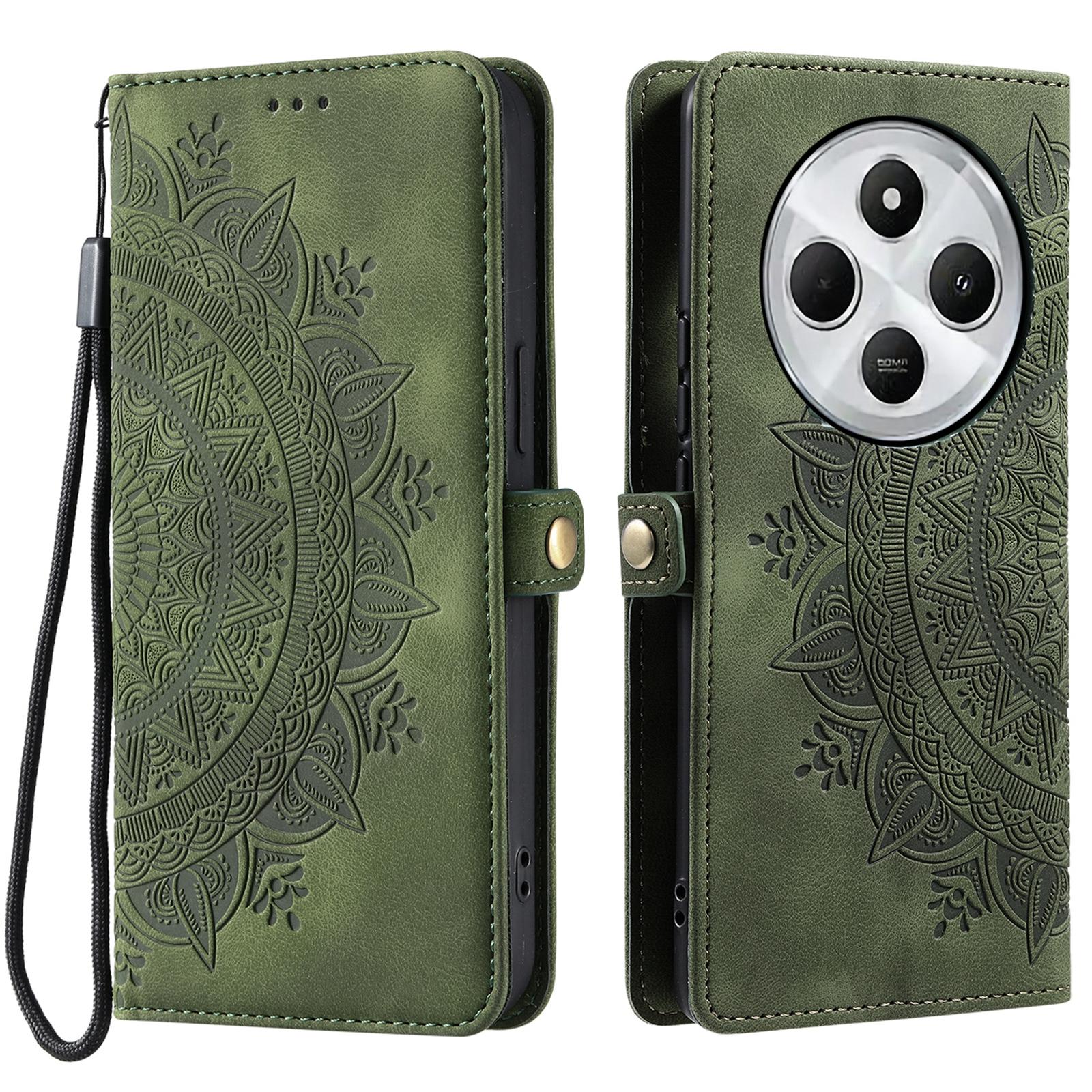 

Style 016 For Xiaomi Poco C75 4G/Redmi 14R 5G/14C 4G Case Skin Feel Totem Imprinted Wallet Leather Phone Cover Blackish Green