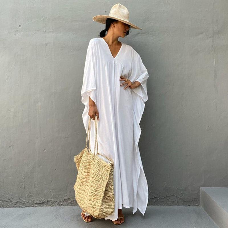 Cotton Solid Color Blouse Seaside Vacation Dress Loose Blouse Bikini Swimsuit Long Skirt Outside Women