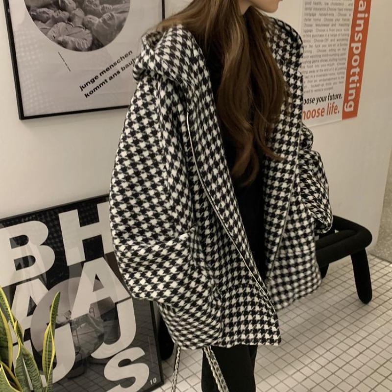Dámska retro vlnená bunda s kohúťou stopou, top s kapucňou, voľný strih, trendy