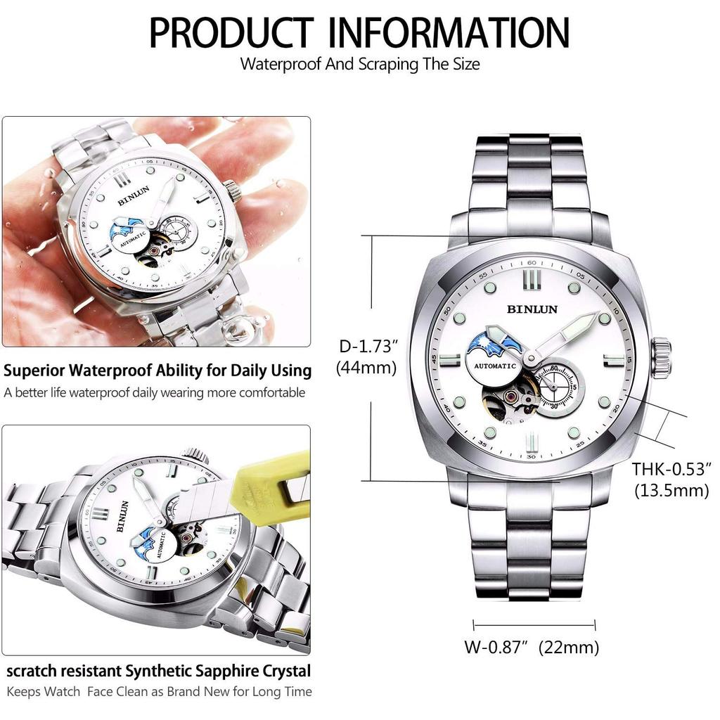 BINLUN Men's Analog Automatic Mechanical Watch with Tourbillon, Stainless Steel Watchband, Waterproof, and Sapphire Crystal [Parallel Import]