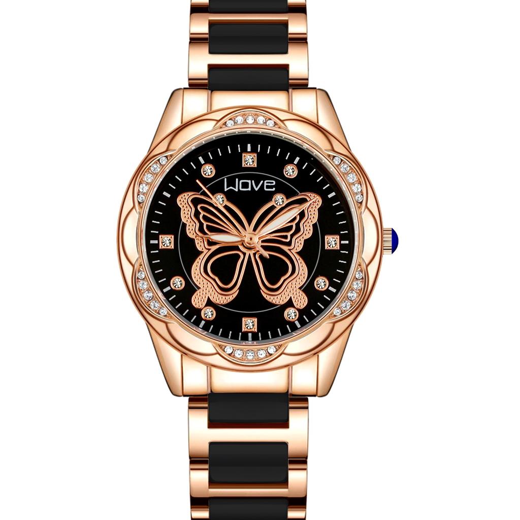 Women Quartz Watch Simulation Ceramic Rhinestone Butterfly Wristwatch
