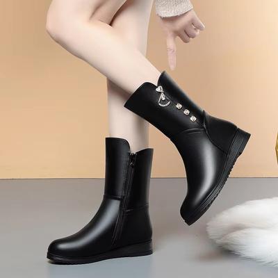 3cm Mode Bequeme Flache Plateau Schuhe Winter Damenstiefel 2025 All Match Schwarz Weiches Leder Warmes Fell Motorradstiefel