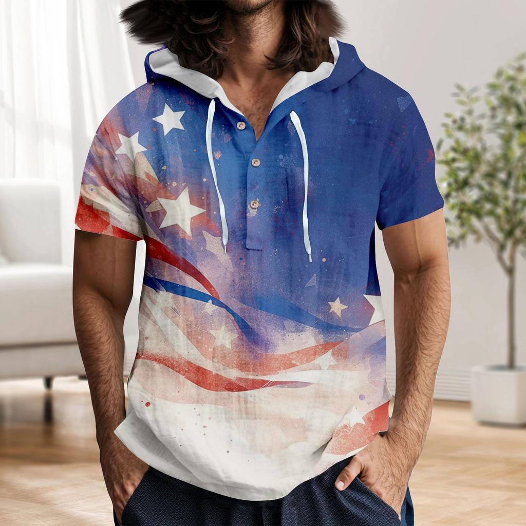 Men'S Casual Short Sleeved Hooded Top Buttoned Open Neck T-Shirt