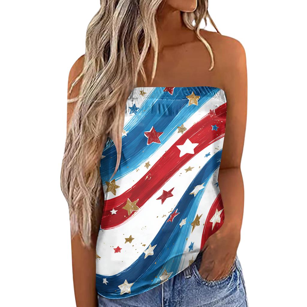 Women's Summer Sexy Strapless Off-Shoulder Elastic Band Design Independence Day Print Top