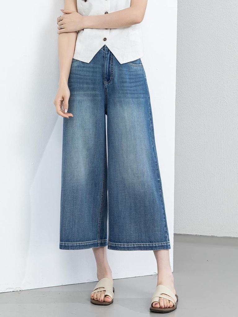Xin Ge Women's High Waist Wide Leg Cropped Jeans - Summer Plus Size Retro Washed Loose Fit Pants
