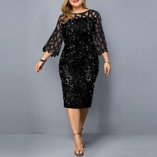 Damen O-Ausschnitt, 3/4-Ärmel, transparentes Patchwork, glänzende Pailletten, figurbetontes, knielanges Kleid
