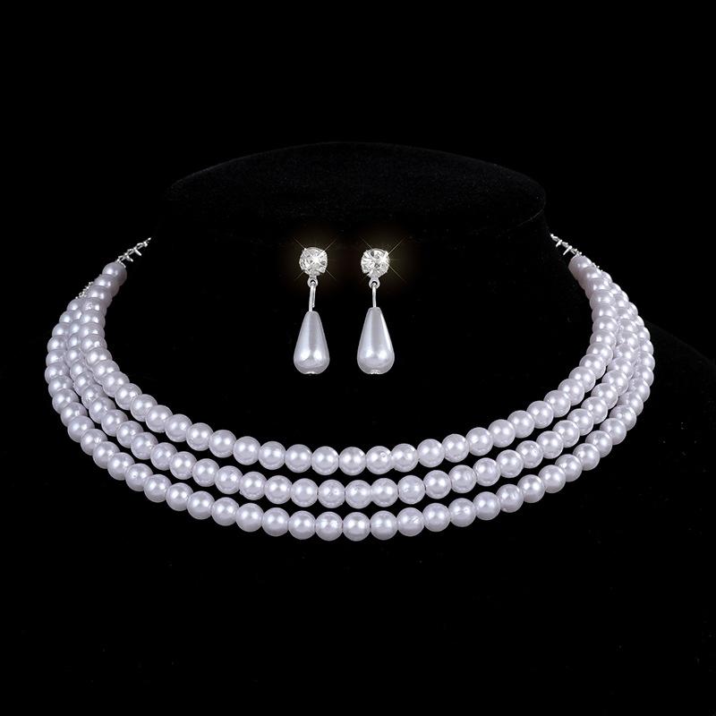 Bridal Pearl Full Diamond Necklace Necklace Diamond Imitation Pearl Bracelet Earrings Necklace Set Women