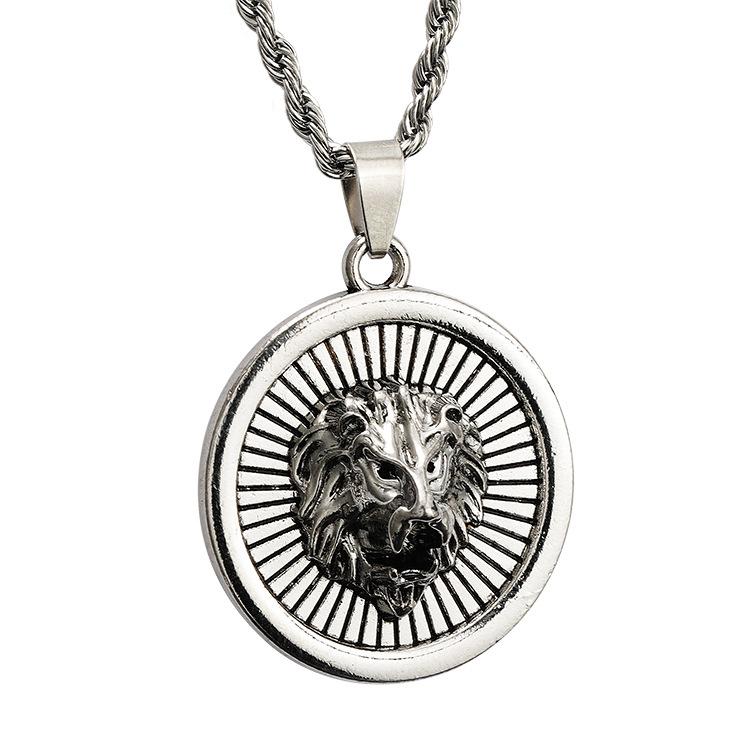 Round Tag Lion Head Three-dimensional Pattern Retro Street Aggressive Titanium Steel Twist Chain Jewelry Pendant Necklace