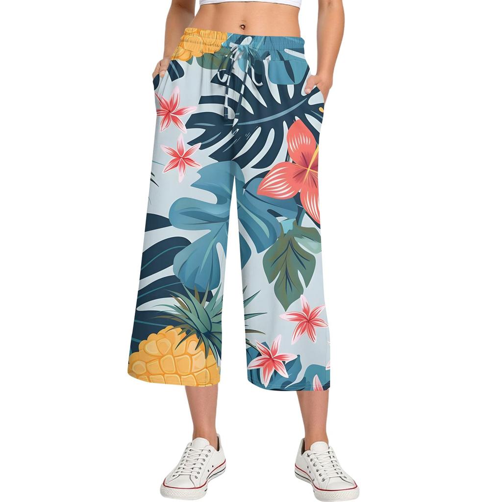 Damen Sommer Hohe Taille Bedruckte Freizeit-Sportbekleidung Lässige Cropped-Hose Weite Hose