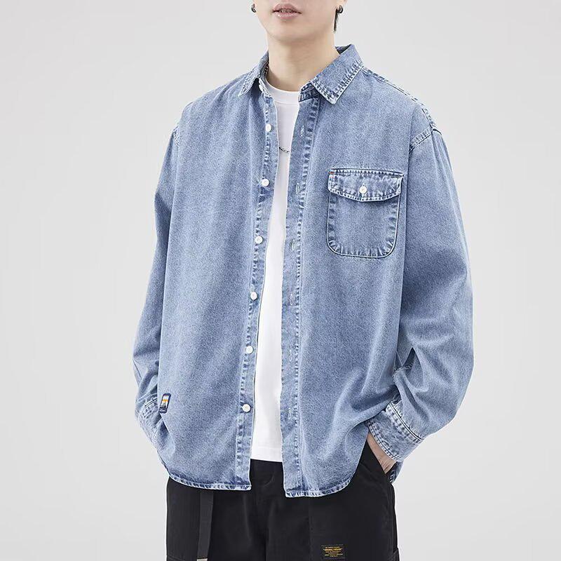 Męska koszula robocza z retro spranego denimu - Jednolity kolor, Długi rękaw, Luźny krój, Wiosna/Jesień