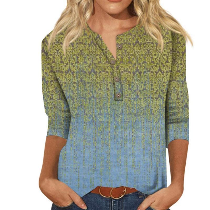 Button V-neck 3D Printed Top Fashionable Casual Long Sleeved Women's T-shirts