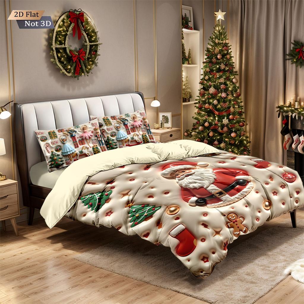 3pcs Imitation Relief Santa Claus Print Coreless Bedding Set Multi Size Bedroom Bedding Holiday Decoration Machine Washable