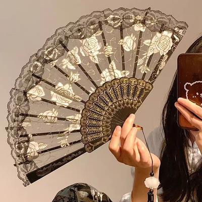 Chinese Folding Fans Lace Hand Fan Lace Folding Fan With Tassel Wedding Cosplay Party Home Decorative Fan Photo Props