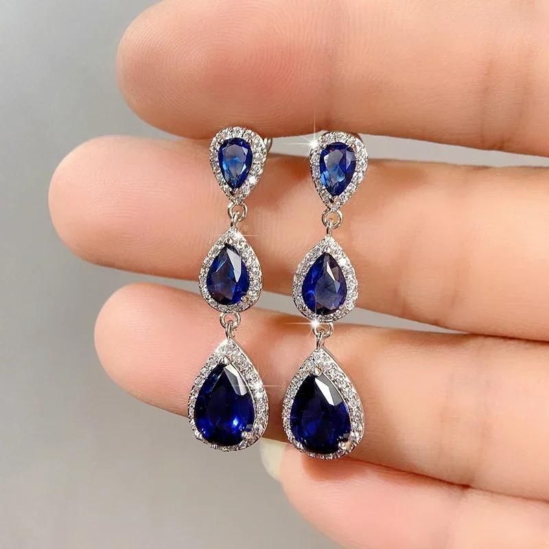 Royal Blue Zircon Oval Earrings Fashionable High-End Design Accessories for Banquets Personalized Simple Zircon