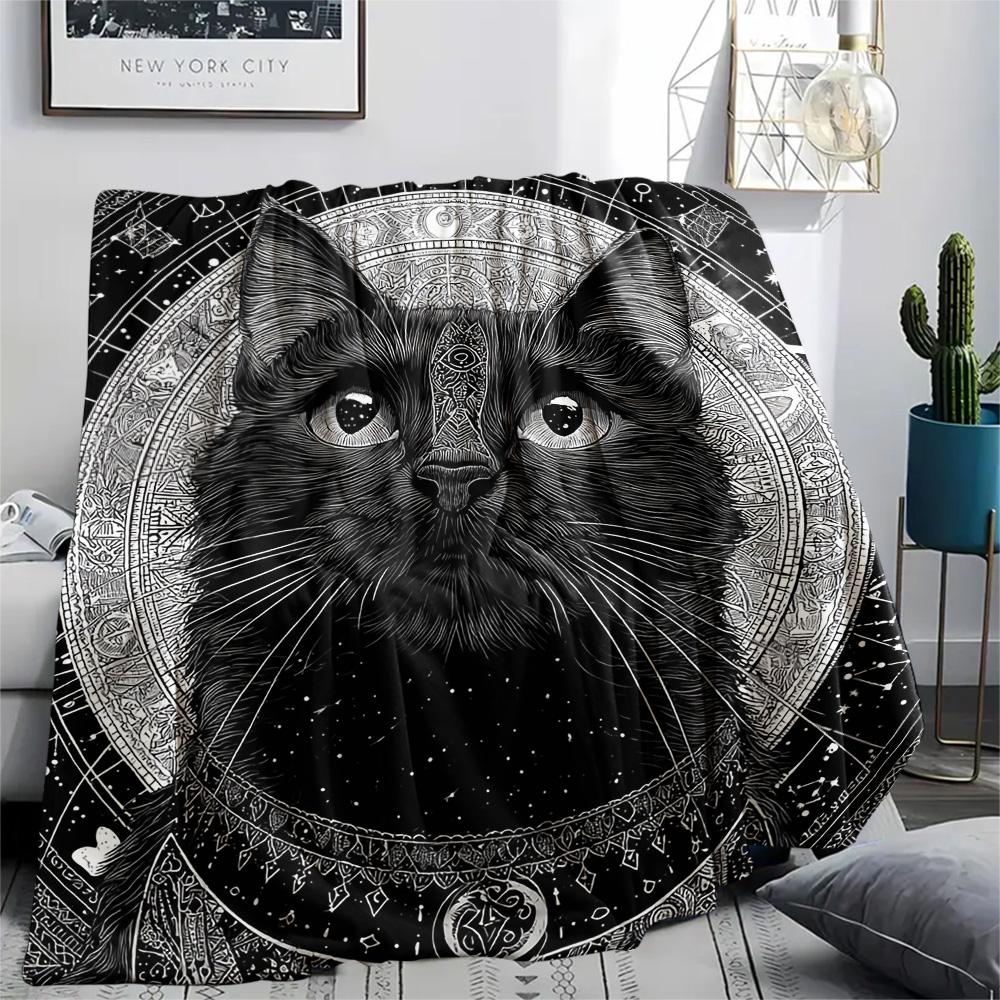 Black Cat Print Flannel Blanket, High Quality Comfortable for All Seasons, Home Decor, Warmth and Comfort, Perfect for Christmas Gifts