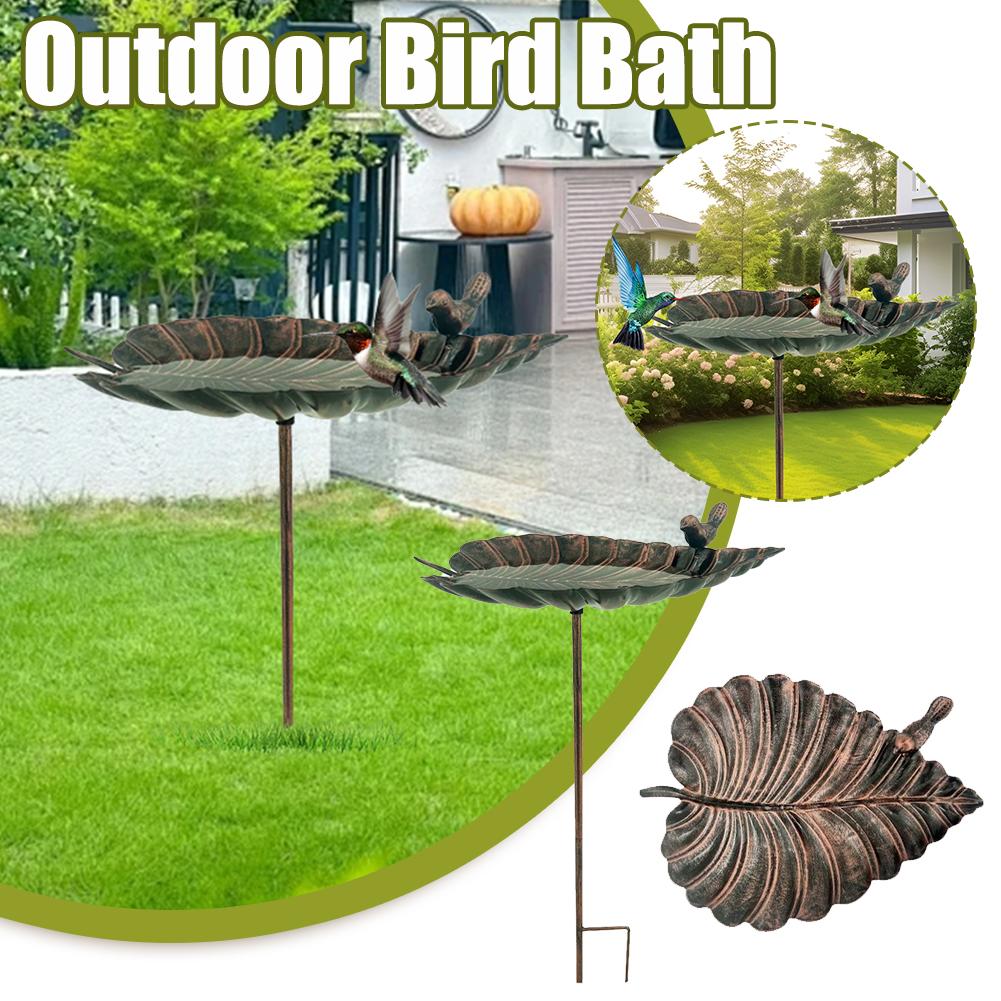 Outdoor Bird Bath Cast Iron Leaf-Shaped Water Bowl Balcony Garden Decoration Metal Bird Statue E5W6