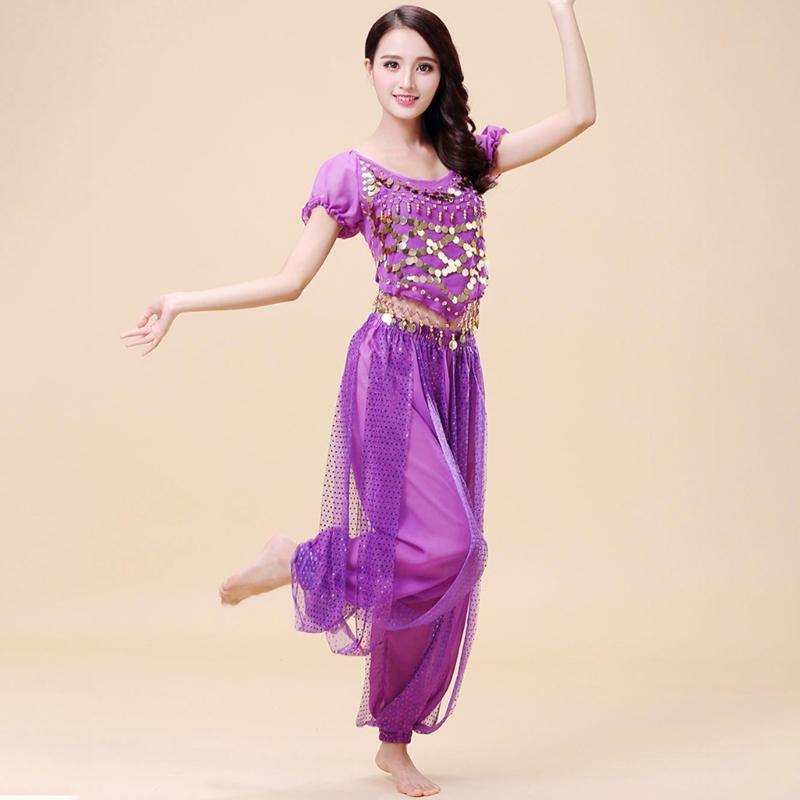 Belly Dance Costume Set for Women Crewneck Short Sleeve Tee Shirt Top Lantern Trousers Carnival Dancer Outfit Suit