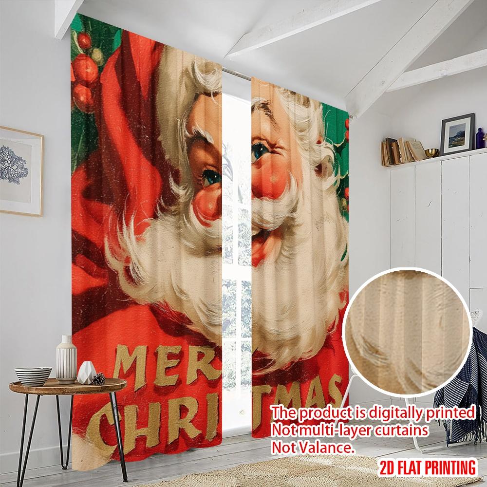 2pcs,2D Plane Printing Light Filtering Curtains Santa with Red & Green Holiday Colors Durable 100% Polyester Fabric (without