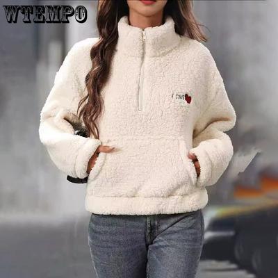 Herbst und Winter Damen Plüsch Langarm Locker Halber Reißverschluss Stehkragen Pullover Sweatshirt Jacke