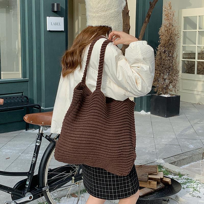 Retro Knitted Handbag for Women Autumn Winter New Design Solid Color Knitted Bag Large Capacity Travel Shoulder Bag CLE