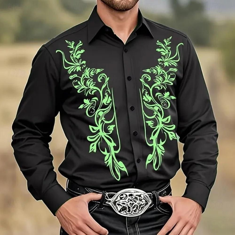 Western Embroidered Long Sleeve Shirt, Stylish Men's Casual Shirt