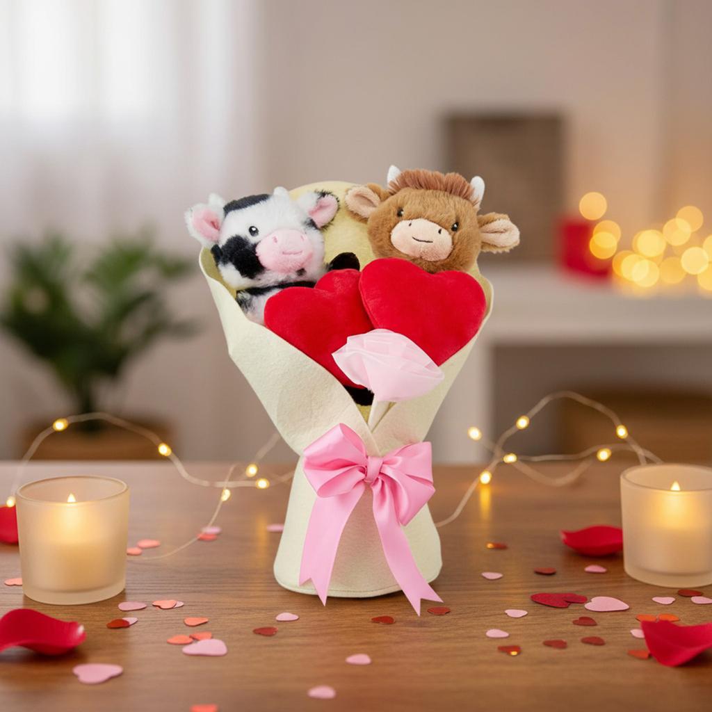 1/2 Stück Hochlandrind Plüschtier Weiches gefülltes Herz und rosa Schleife Strauß Niedliche Cartoon-Tier-Spielzeuge für Jungen Mädchen Geburtstagsgeschenk