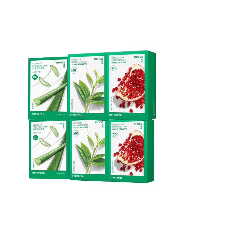 Innisfree , Fresh Extract Muscle Revitalizing Hydrating Mask - Green Tea Mask 20 Pieces Aloe Vera Mask 20 Pieces Pomegranate Mask 20 Pieces